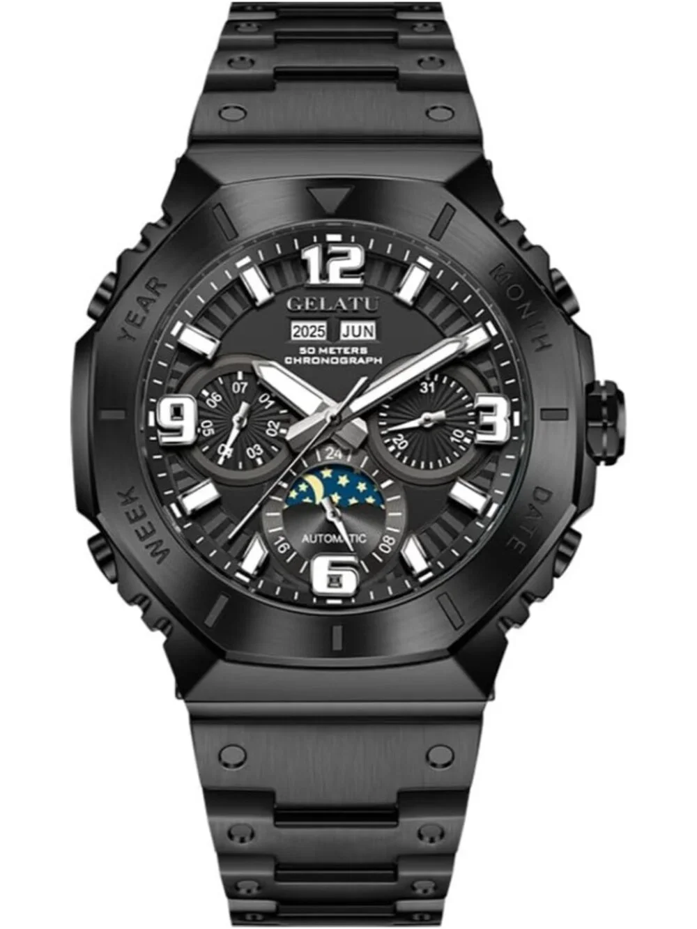 Men's Black & White Automatic Mechanical Multi-Function Chronograph Luxury Watch